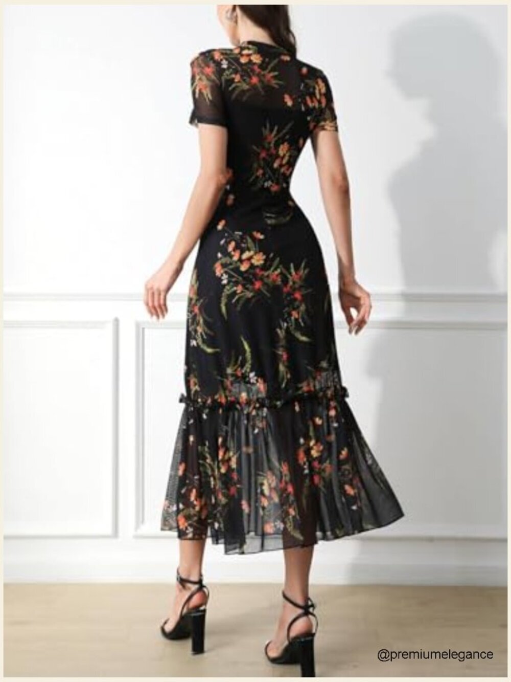 Floral Mesh Ruffle Maxi Dress Short Sleeve Round Neck High Waist Casual Wedding - Picture 3 of 7